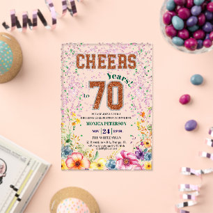Pink Emerald Glitter Floral 70th Birthday Party Acrylic Invitations