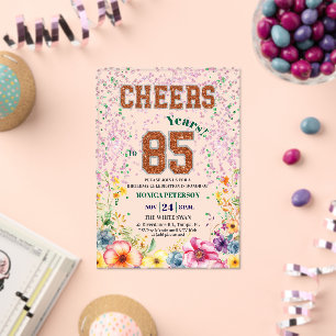 Pink Emerald Glitter Floral 85th Birthday Party Acrylic Invitations