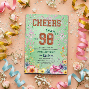 Pink Emerald Glitter Floral 98th Birthday Party Invitation