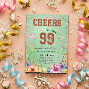 Pink Emerald Glitter Floral 99th Birthday Party Invitation