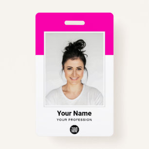 Pink Employee huge Photo Qr Bar Code Logo Name ID Badge