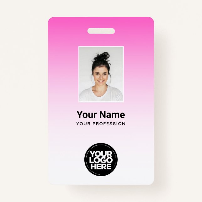 Pink Employee Photo Bar Code Logo Name Gradient ID Badge (Front)