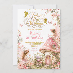 Pink Enchanted Forest Fairy First Birthday Invitation