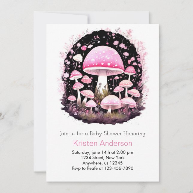 Pink Enchanted Forest Mushroom Girl Baby Shower Invitation (Front)