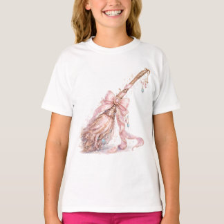 Pink Enchanted Witch Broom Girls’ T‑Shirt T-Shirt