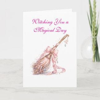Pink Enchanted Witch Broom Greeting Card