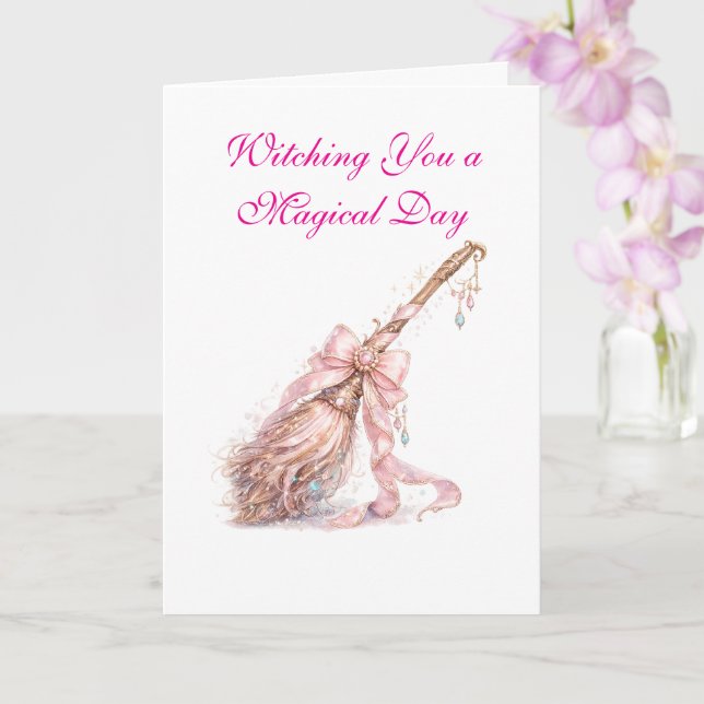 Pink Enchanted Witch Broom Greeting Card (Orchid)