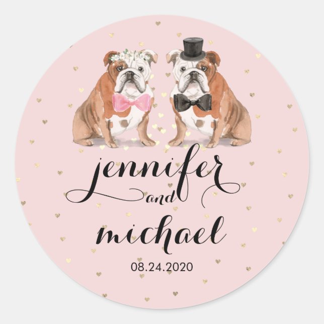 Pink English Bulldog wedding Classic Round Sticker (Front)