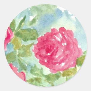 Pink English Cabbage Roses Watercolor Flowers Classic Round Sticker