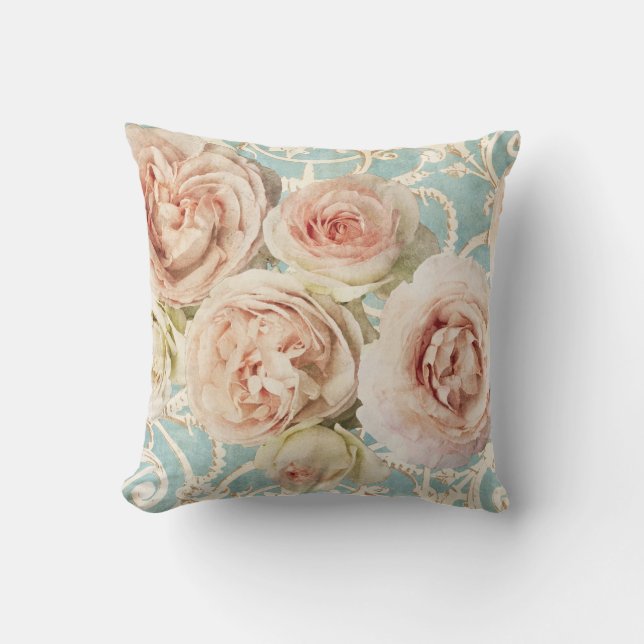 Pink English Roses Blue Damask Cushion (Front)