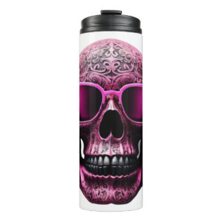 Pink engraved metallic 3D skull wearing sunglasses Thermal Tumbler
