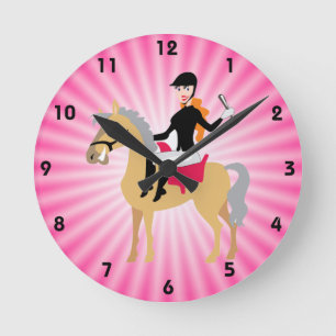 Pink Equestrian Girl Round Clock
