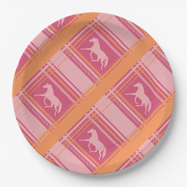 Pink Equestrian Plaid Pony Pattern Paper Plate (Front)