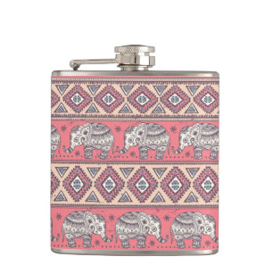 Pink Ethnic Elephant Pattern Hip Flask