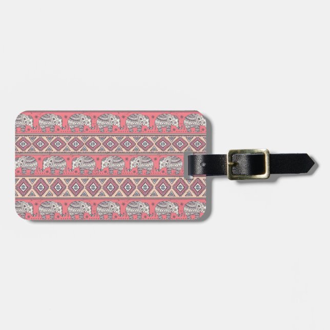 Pink Ethnic Elephant Pattern Luggage Tag (Front Horizontal)