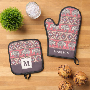 Pink Ethnic Elephant Pattern Oven Mitt & Pot Holder Set