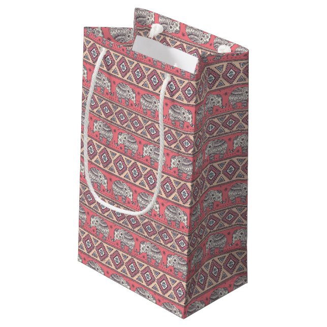 Pink Ethnic Elephant Pattern Small Gift Bag (Back Angled)