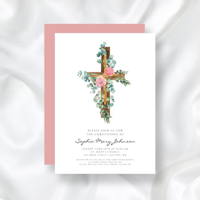 Pink Eucalyptus Cross Religious Christening  Invitation (Pink Eucalyptus Cross Religious Christening Invitation)