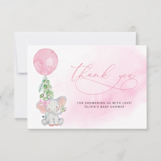 Pink Eucalyptus Elephant Baby Shower Thank You Card (Front)