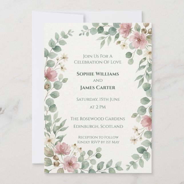 Pink Eucalyptus Floral Wedding Invitation (Front)