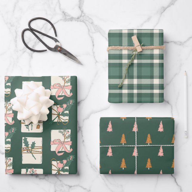 Pink & Evergreen Plaid Holiday Wrapping Paper Sheet (Front)