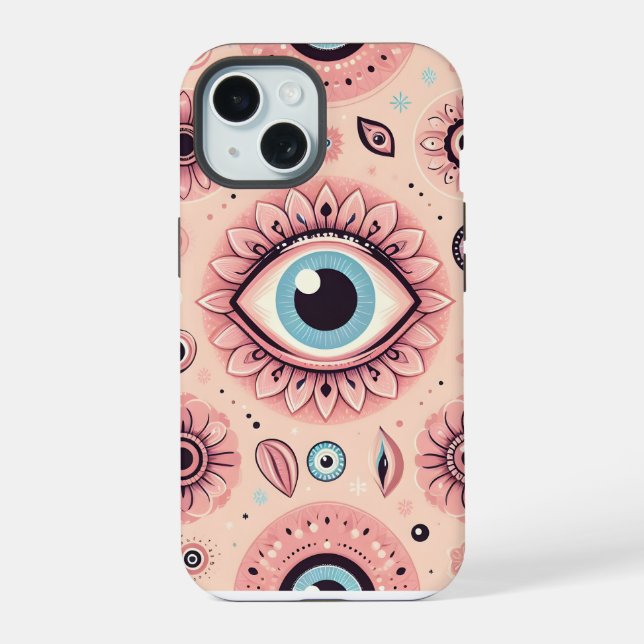 Pink Evil Eye Aesthetic Pattern Background iPhone 15 Case (Back)