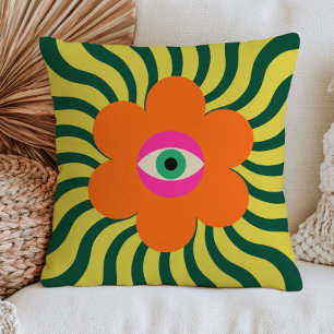 Pink Evil Eye Orange Daisy Flower Green Wavy Retro Cushion