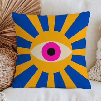 Pink Evil Eye Yellow Sunrays Vibrant Blue Funky  Cushion