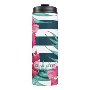 Pink Exotic Flowers Monogram striped Thermal Tumbler