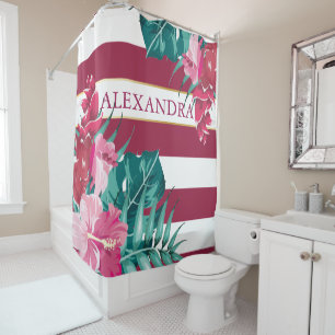 Pink Exotic Flowers striped Burgundy Shower Curtain
