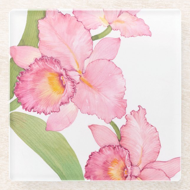 Pink Exotic Watercolor Flowers Glass Coaster (Front)