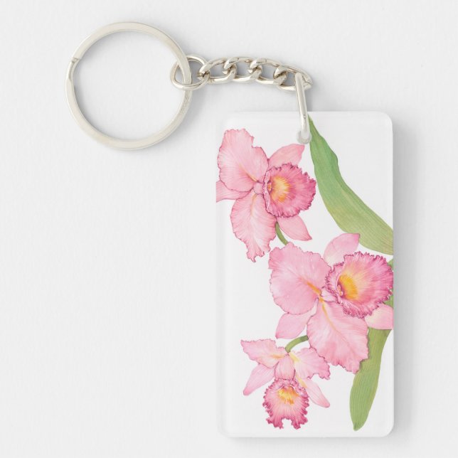 Pink Exotic Watercolor Flowers Key Ring (Front)