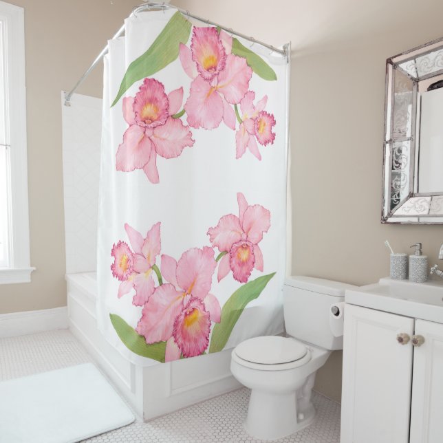 Pink Exotic Watercolor Flowers Shower Curtain (In Situ)