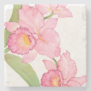 Pink Exotic Watercolor Flowers Stone Coaster