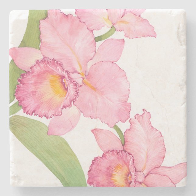 Pink Exotic Watercolor Flowers Stone Coaster (Front)