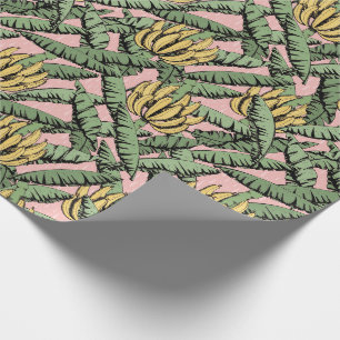 Pink Exotic Yellow Bananas and Leaves Wrapping Paper
