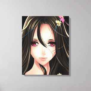 Pink Eyed Brunette Anime Girl Cartoon Canvas Print