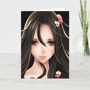 Pink Eyed Brunette Anime Girl Cartoon Card