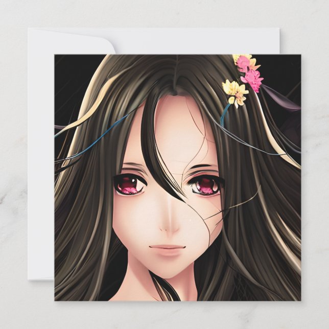 Pink Eyed Brunette Anime Girl Cartoon Card (Front)