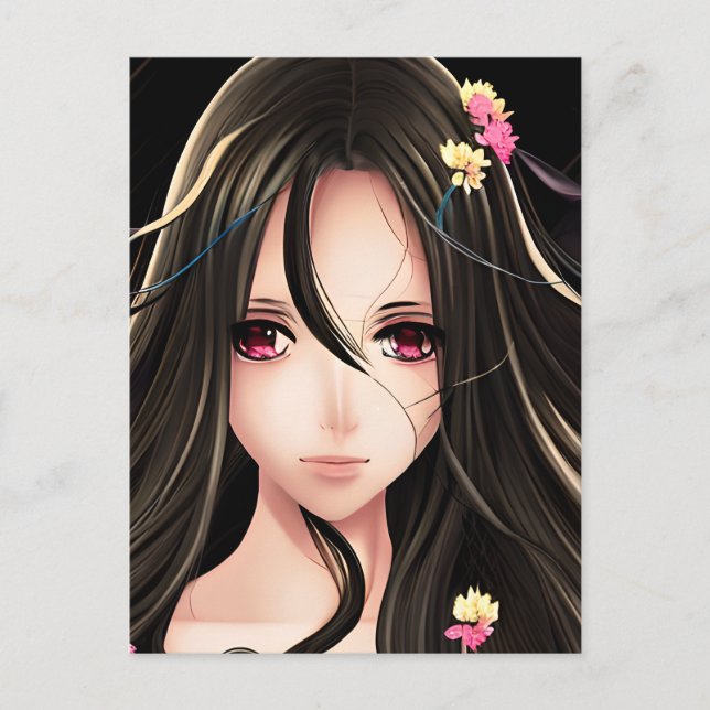 Pink Eyed Brunette Anime Girl Cartoon Postcard (Front)