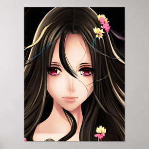 Pink Eyed Brunette Anime Girl Cartoon Poster