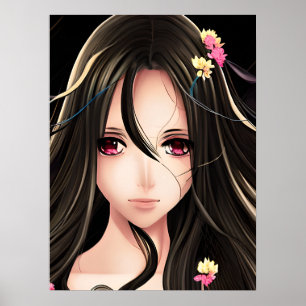 Pink Eyed Brunette Anime Girl Cartoon Poster