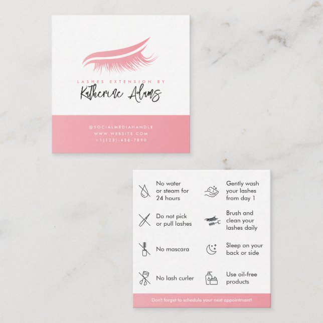 Pink Eyelash Extension Aftercare instruction Square Business Card (Front/Back)
