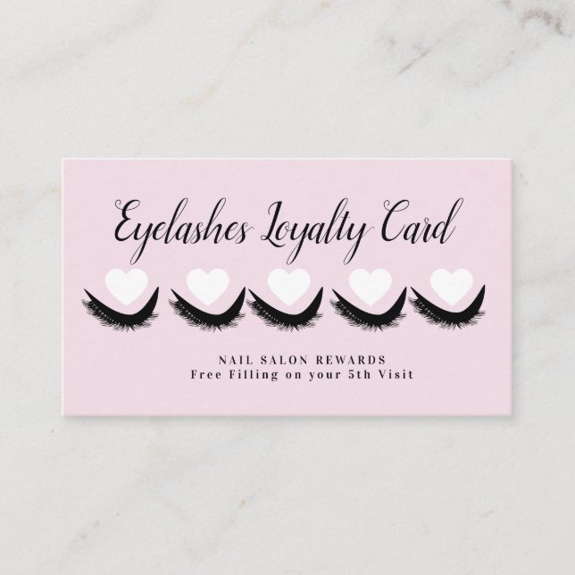 Pink Eyelashes Reward Loyalty Hearts Business Card (Front)