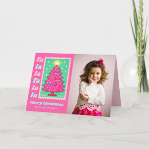 Pink Fa La La Christmas Tree Postage Stamp Photo Holiday Card