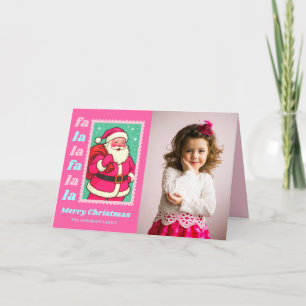 Pink Fa La La Santa Christmas Postage Stamp Photo Holiday Card