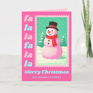 Pink Fa La La Snowman Christmas Postage Stamp Holiday Card