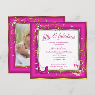 Pink Fabulous 50 Photo Gold Champagne heels Party Invitation