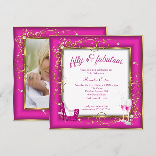 Pink Fabulous 50 Photo Gold Champagne heels Party Invitation (Front/Back)