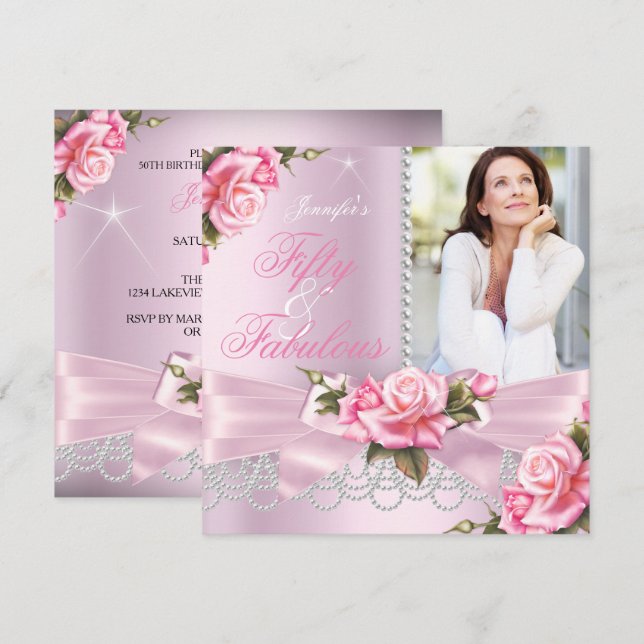 Pink Fabulous 50 Rose Bow Pearls Photo Birthday Invitation (Front/Back)